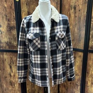 Plaid Sherpa Collar shacket  - Black, cream and pink